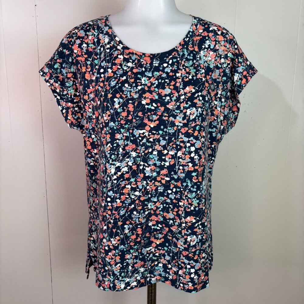 Orvis Top Small Blue Orange Abstract Floral Short Sleeve Cotton Casual T-Shirt